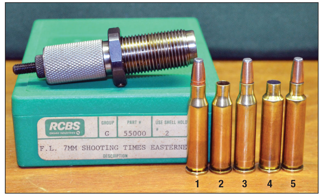 The 7mm STE is the 307 Winchester case necked down and fire-formed to the improved shape for a Marlin 336 rifle: (1) 307 Winchester cartridge, (2) 307 Winchester case necked down, (3) case loaded for fireforming, (4) fireformed case and (5) loaded 7mm STE round.